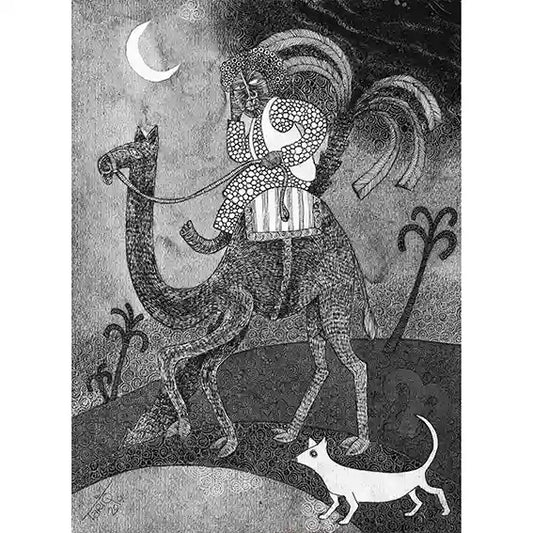 "The Midnight Traveler" by Tariq Nasre - black and white art print showing robed figure on camelback under crescent moon. 