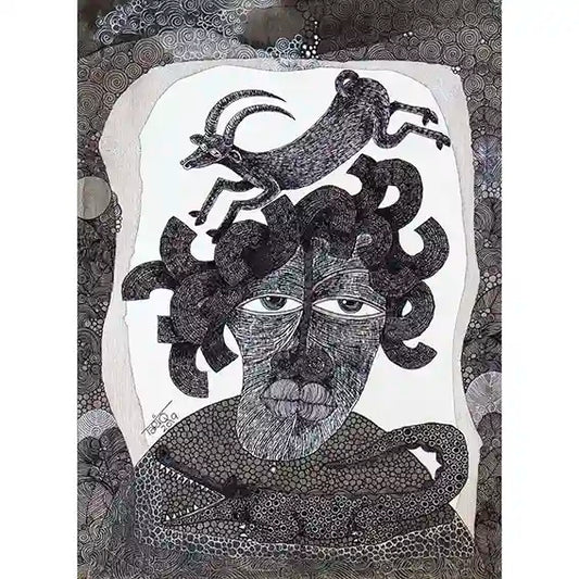 The Storyteller" by Tariq Nasre - black and white ink art showing a figure with fantastical creatures above his head.