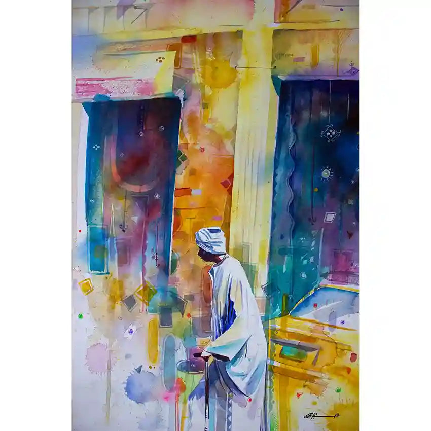 Colorful abstract art print with a Sudanese man in a white Jalabiah and headscarf, by artist Galal Yousif. in UAE 