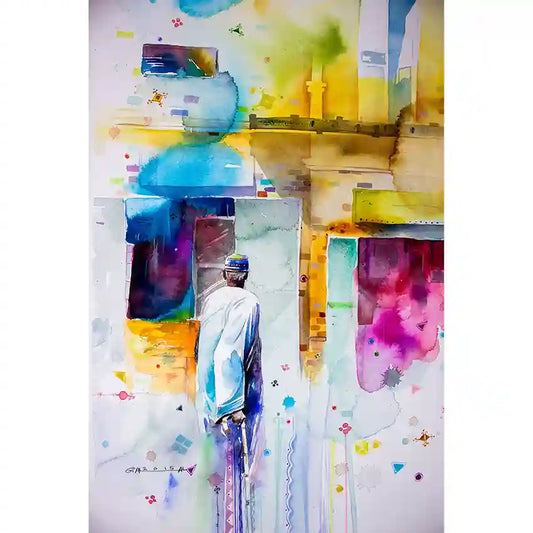 Colorful abstract art print with a man in a robe looking at neighbourhood, by Sudanese artist Galal Yousif, UAE