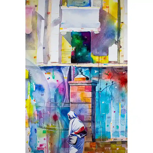 Colorful abstract art print of A Sudanese woman walking on neighbourhood  street by visual artist Galal Yousif, in UAE