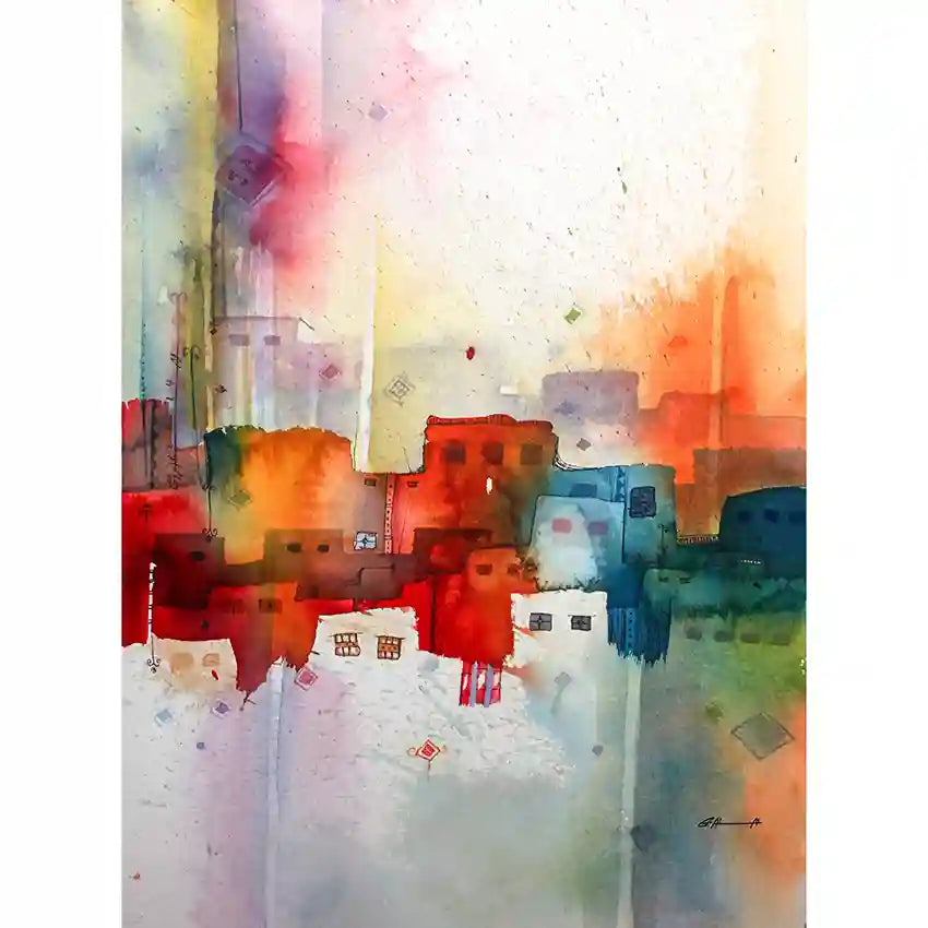 Colorful abstract painting of a cityscape, mud houses and watercolor textures by Sudanese visual artist Galal Yousif. UAE 