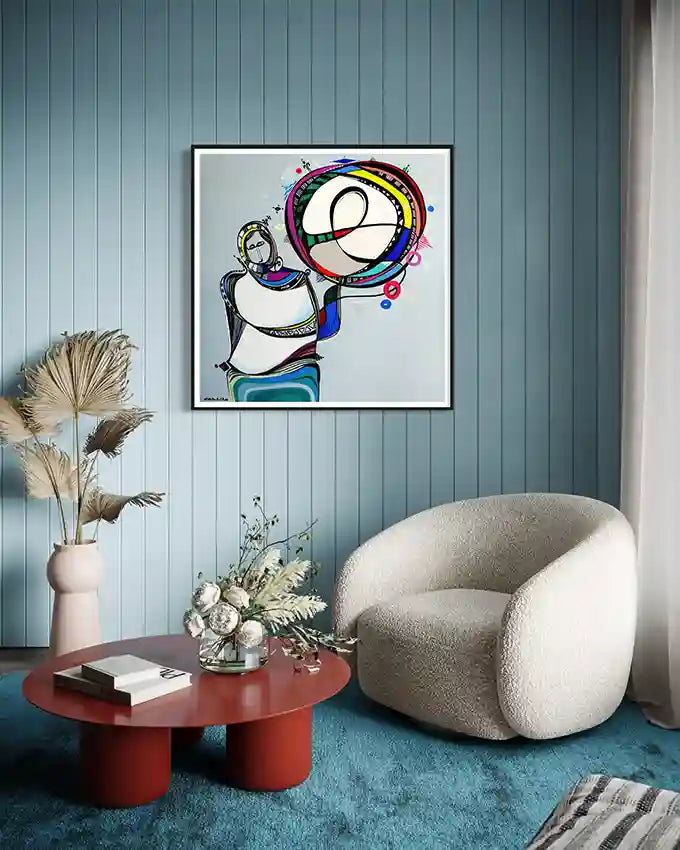 Worried Thoughts 1 print By Gala Yousif in Modern living room mounted on the wall, a white armchair, and a red coffee table.