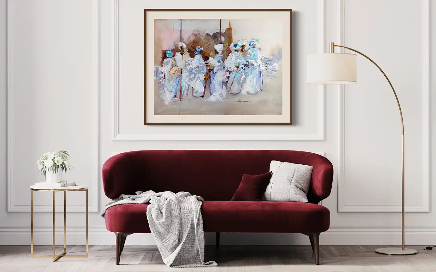 A Friday framed art print by Abdelmajed Abdel Mahmood in elegant living room with red velvet sofa - luxury wall art decor