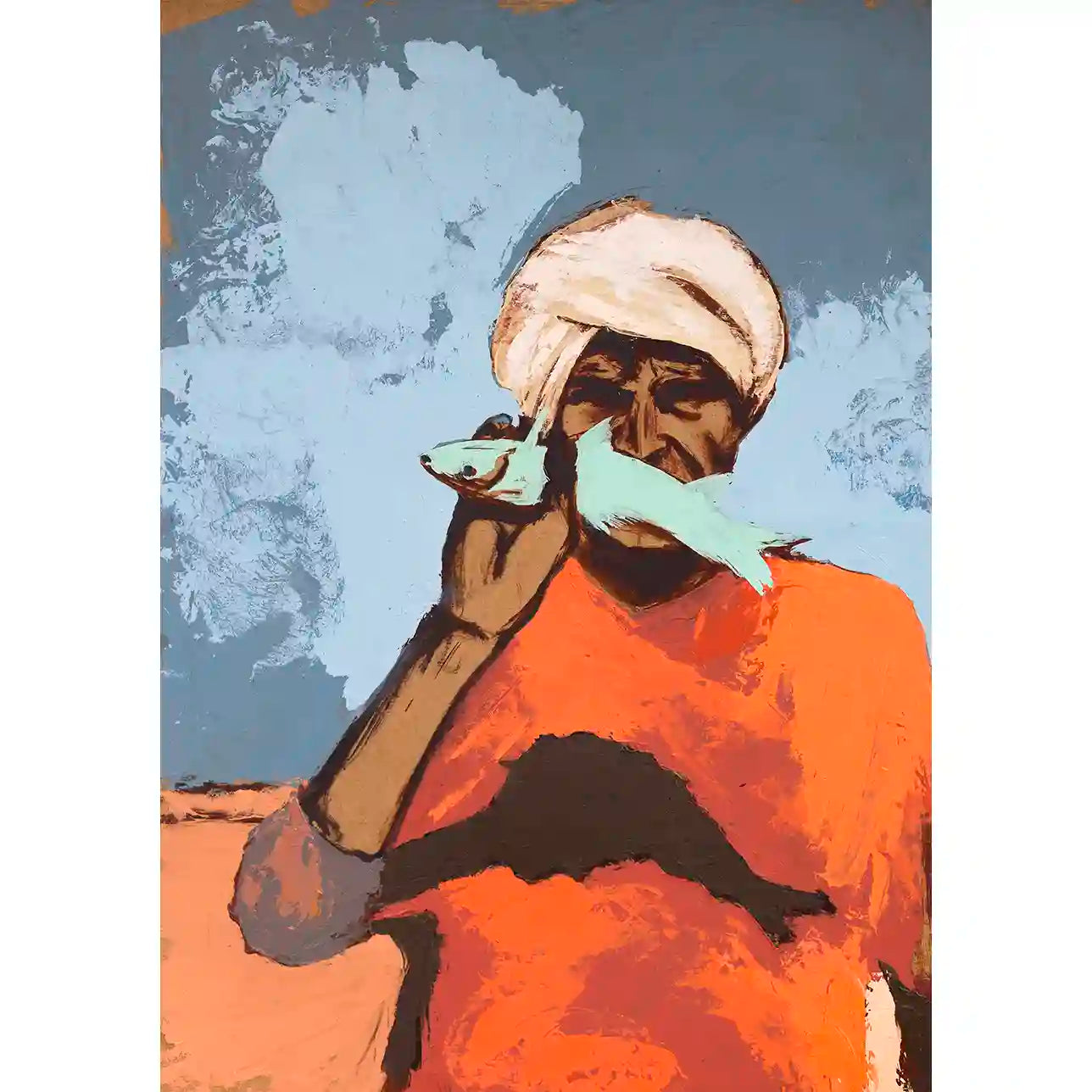 Figurative oil painting Starring 2 by Abubakar Moaz featuring turbaned man in orange robes holding pale green fish on paper