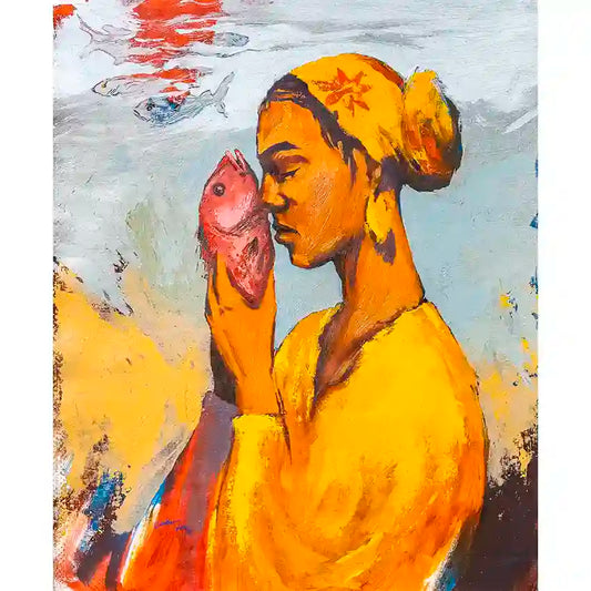 Figurative oil painting Starring 3 by Abubakar Moaz featuring woman in golden yellow holding coral pink fish on paper