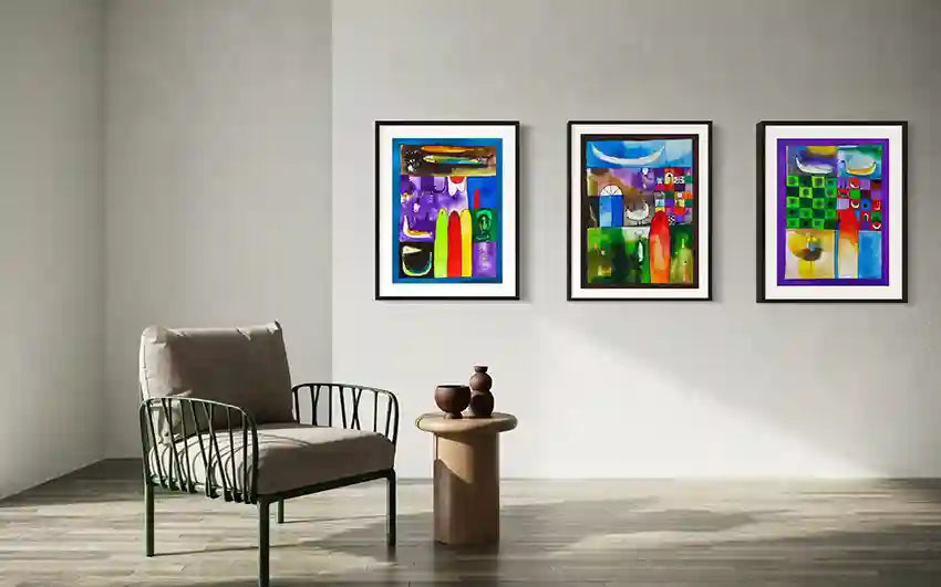 Abstract art collection by Abushariaa Ahmed in gallery wall arrangement - three colorful framed prints in modern room with contemporary furniture mockup