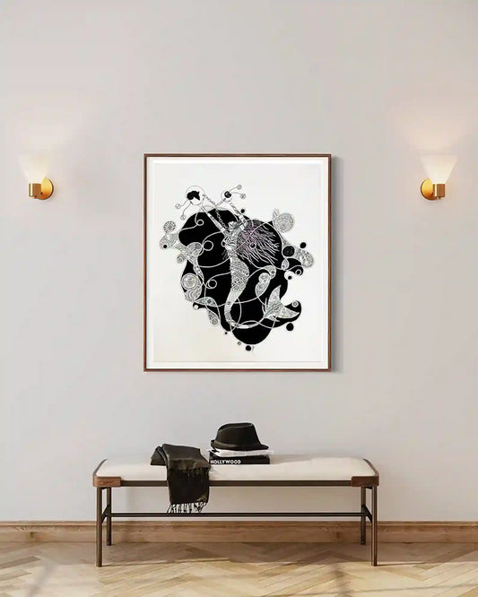 African Mermaid Has A Question 2 by Samir Shareef framed art above modern bench with gold sconces minimalist interior mockup