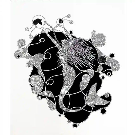African Mermaid Has A Question 2 black and white line art on canvas by Samir Shareef with intricate patterns and cosmic themes