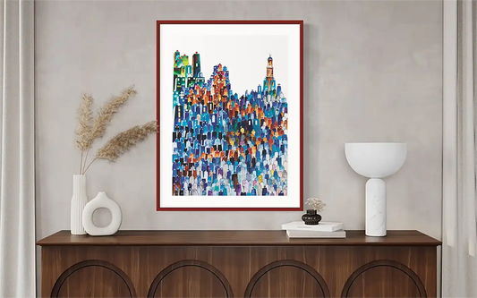 Ancient Tablet by Gungalito framed art print displayed above wooden sideboard in modern minimalist dining room interior