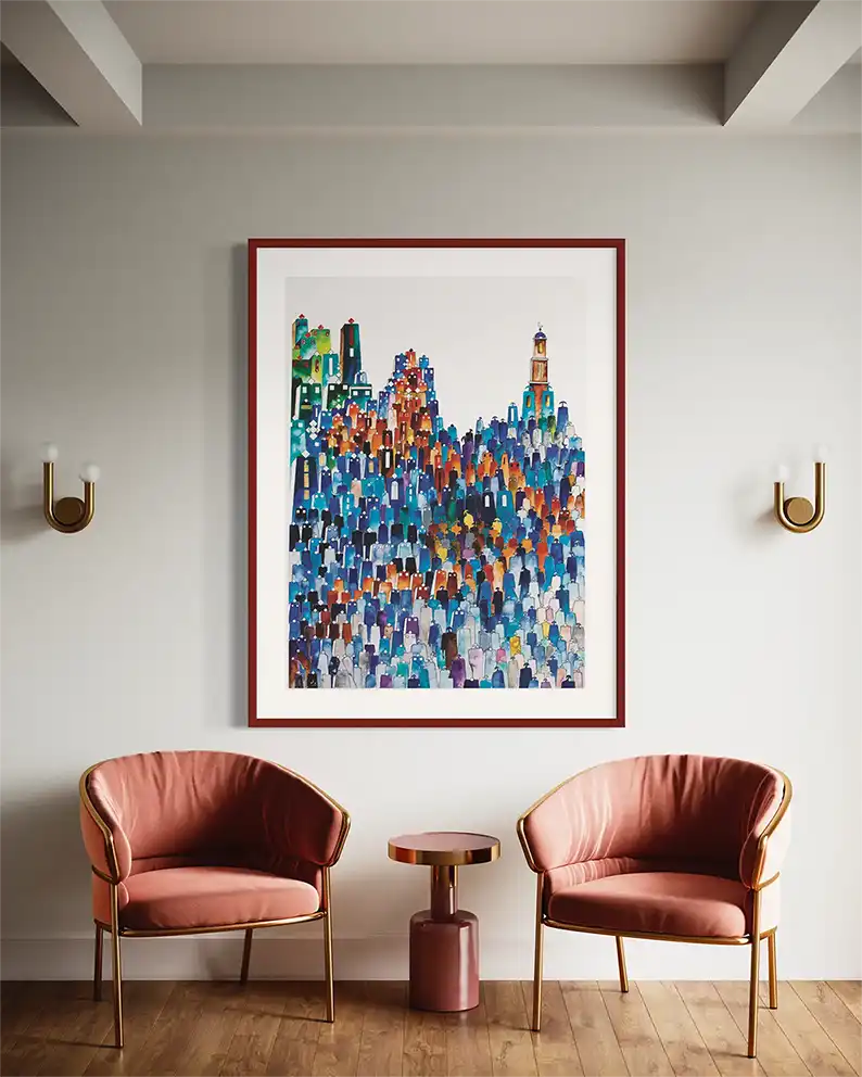 Ancient Tablet by Gungalito art print in rust frame above pink velvet chairs in elegant modern lounge with brass accents