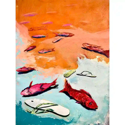 Coccyx 1 by Bakri Moaz - surreal art print showing fish and flip-flops in orange-blue landscape exploring displacement themes