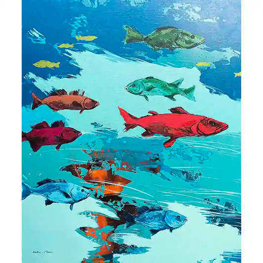 Coccyx 6 by Bakri Moaz - underwater art print with colorful fish swimming through blue waters, migration themed artwork