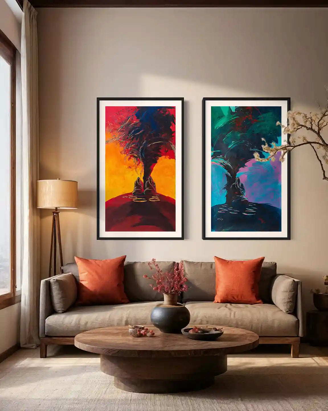 First Light and Last Light art print pair by Bakri Moaz in black frames above gray sofa - living room interior mockup