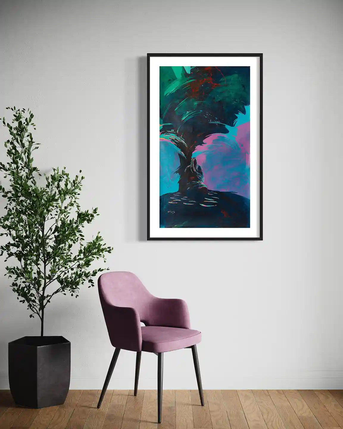 First Light by Bakri Moaz abstract art print in black frame on white wall with pink velvet chair - home interior mockup