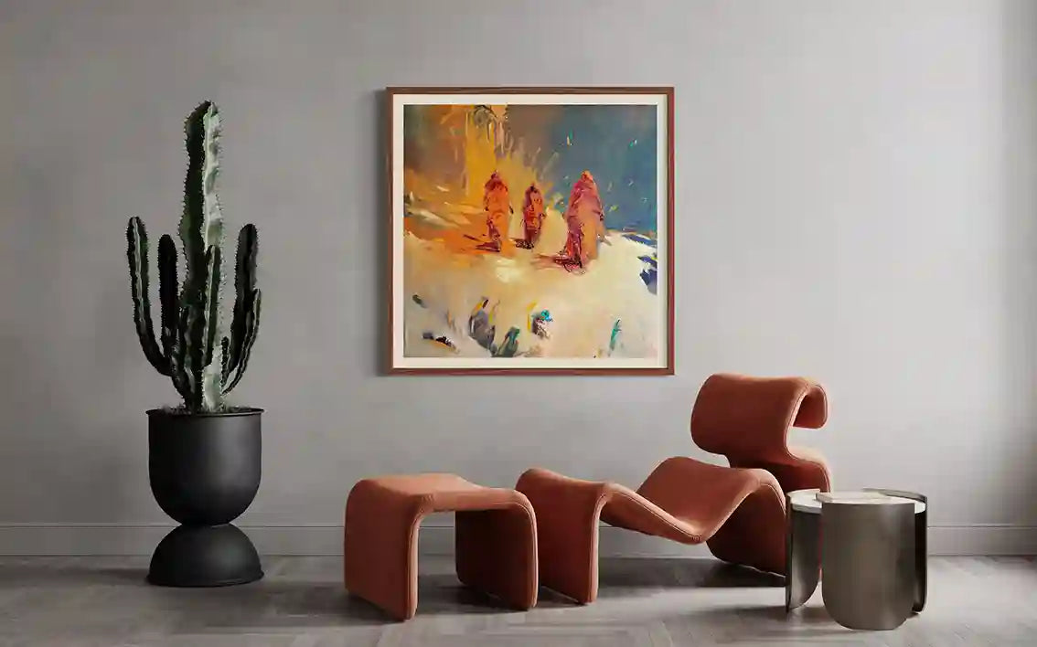 On The Way Back 5 by Bakri Moaz framed abstract art print mockup in modern room with terracotta chair and cactus plant