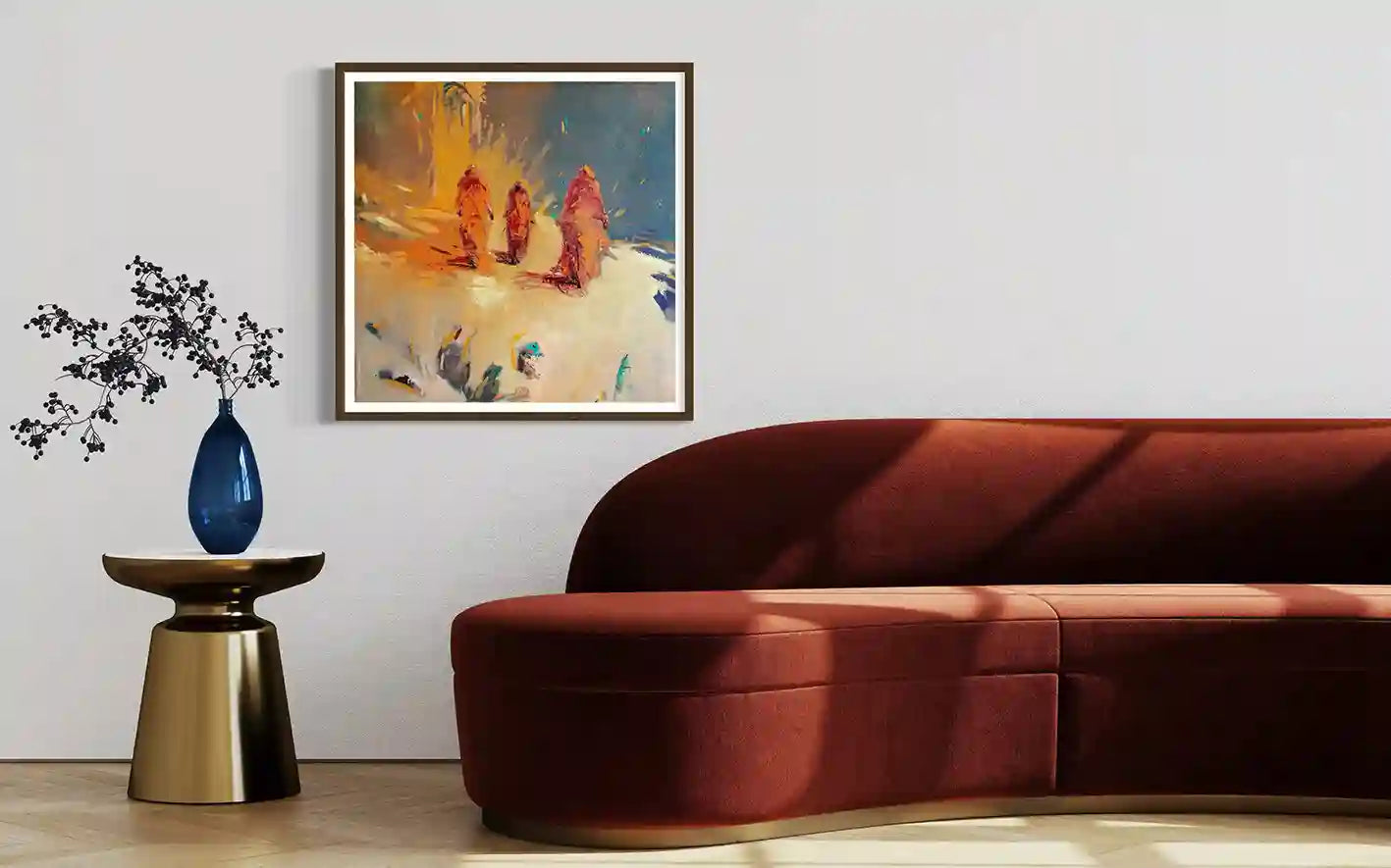 'On The Way Back 5' by Bakri Moaz framed abstract art print mockup above red sofa in modern living room with blue vase