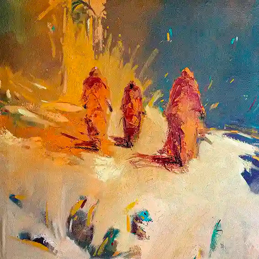 On The Way Back 5 by Bakri Moaz - abstract art print with three figures in golden yellow and blue, journey themed artwork