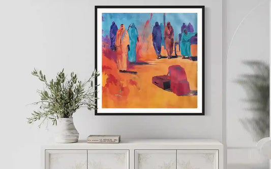 'On The Way Back' by Bakri Moaz framed art print mockup in modern white interior with black frame and minimalist decor