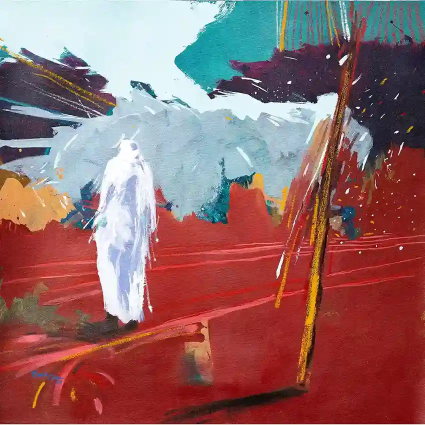 
Acrylic painting by Bakri Moaz titled 'On The Way Back 3' showing Sudanese man in white against colorful abstract backdrop