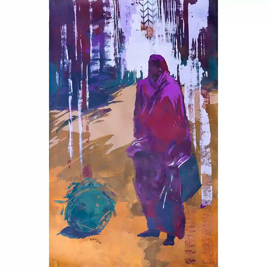Acrylic painting by Bakri Moaz titled 'On The Way Back 7' showing Sudanese woman in purple robes carrying blue bundle