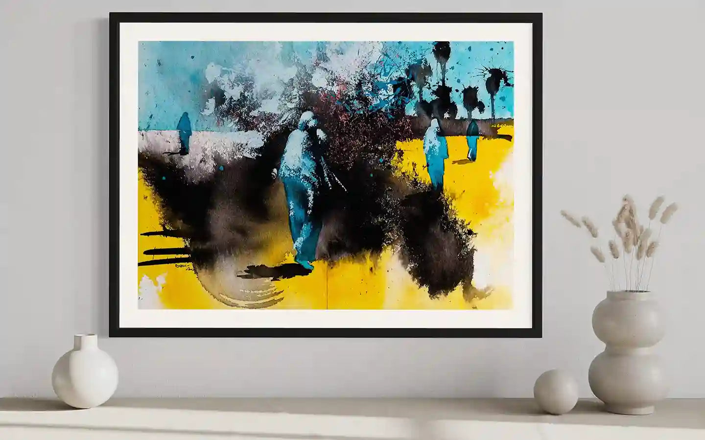 Remnants 3 by Bakri Moaz abstract art print in black frame on white wall with minimalist decor - home interior mockup