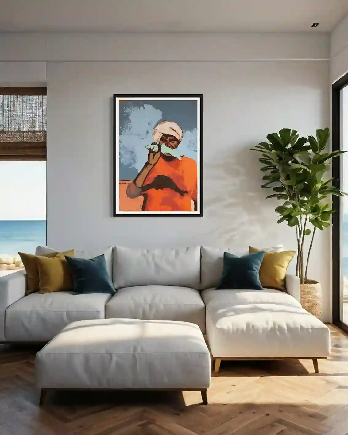 'Starring 2' by Bakri Moaz framed fisherman art print in modern living room with gray sectional sofa and colorful pillows