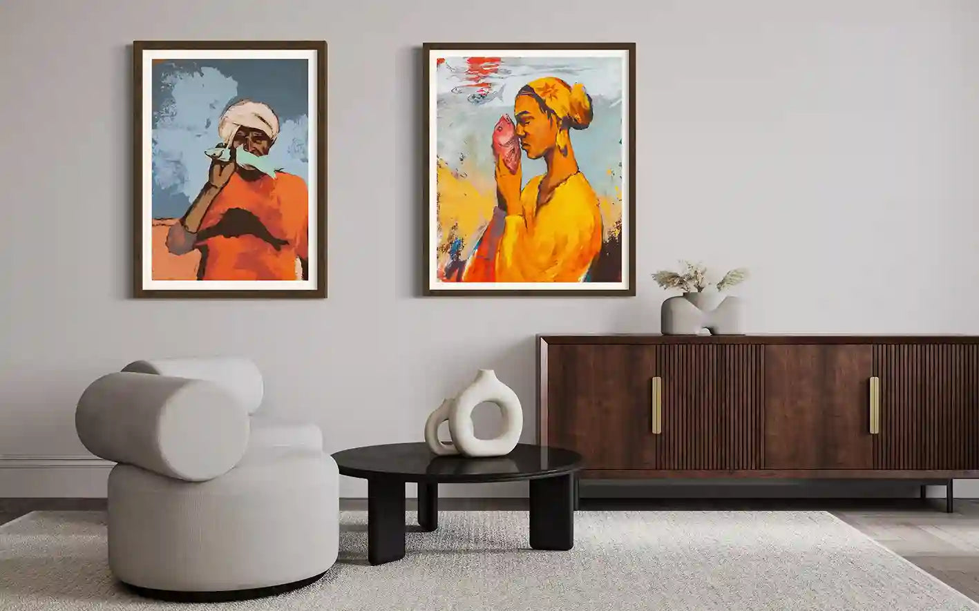 'Starring 1' and 'Starring 3' by Bakri Moaz framed art prints displayed as pair in modern living room with walnut credenza