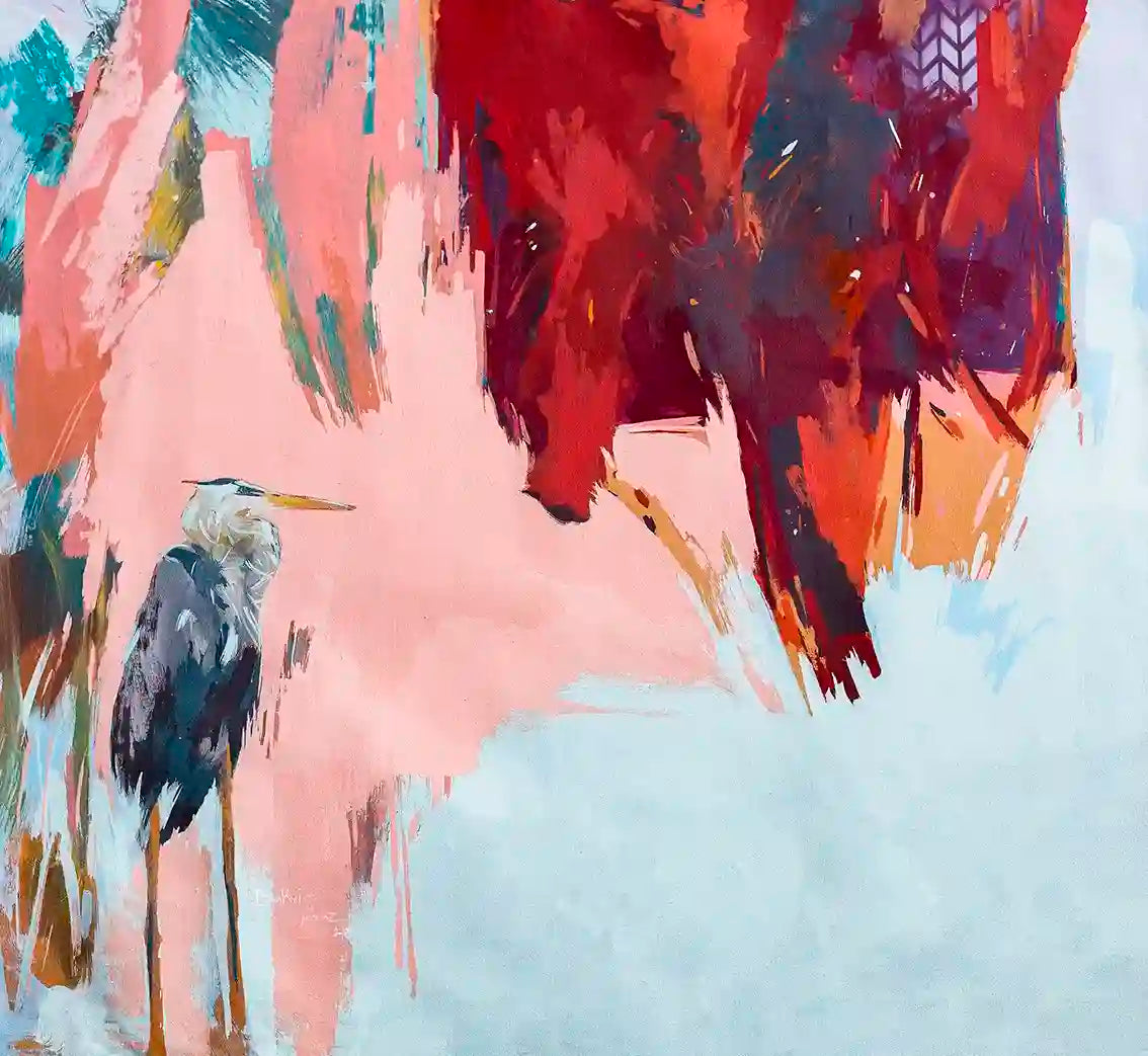 'To Nowhere 1'  by Bakri Moaz - abstract art print featuring pelican with bold burgundy, pink brushstrokes on white background