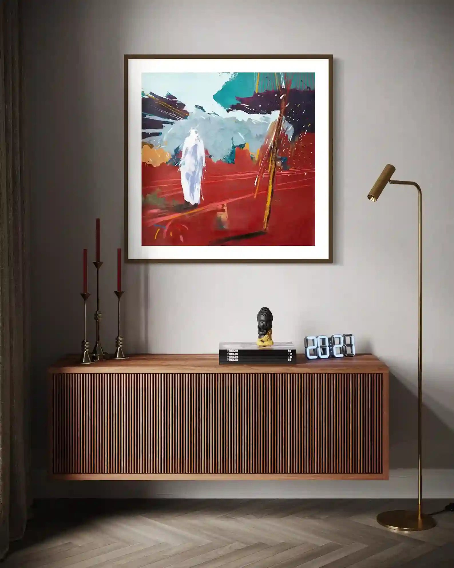 Bakri Moaz 'On The Way Back 3' abstract painting displayed above wooden credenza in contemporary home interior design