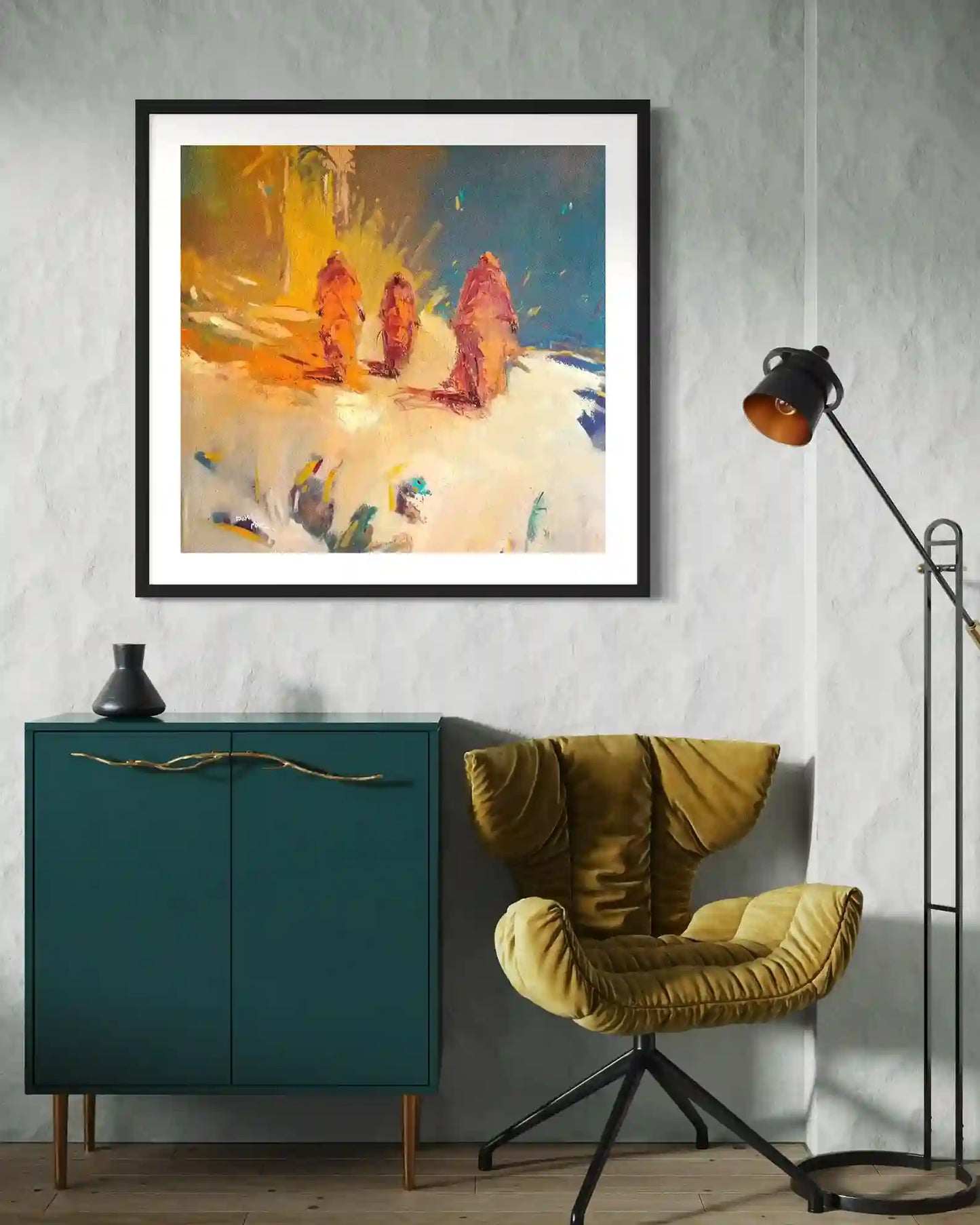 Bakri Moaz 'On The Way Back 5' painting displayed in modern living room with teal cabinet and mustard velvet chair