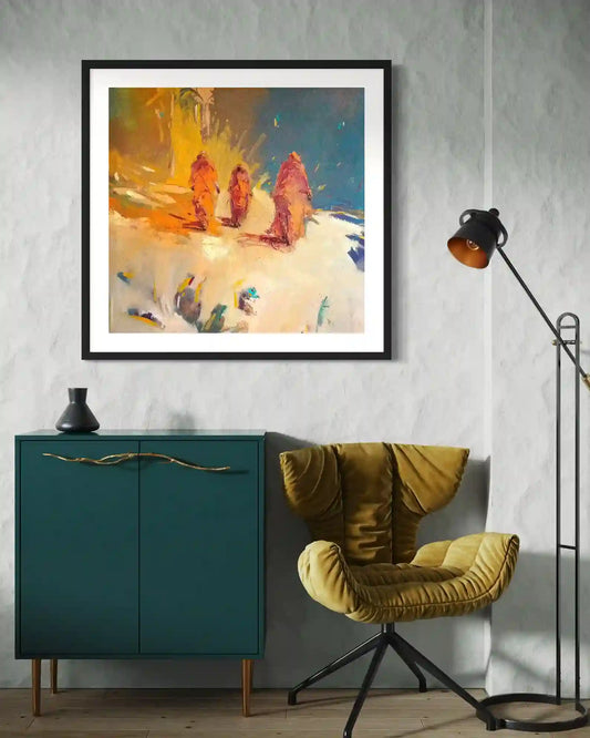 Bakri Moaz 'On The Way Back 5' painting displayed in modern living room with teal cabinet and mustard velvet chair