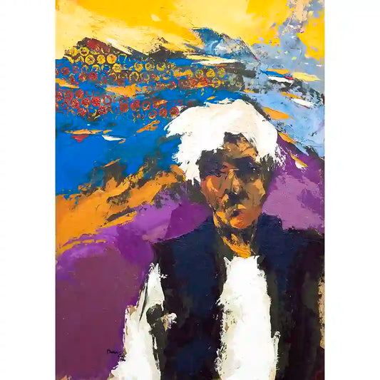 Before They Fade 2 oil on paper by Bakri Moaz showing male figure against abstract background depicting war displacement