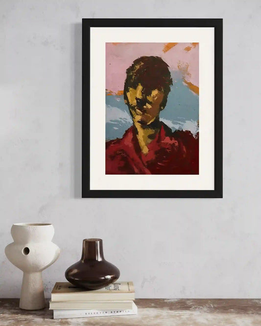 Before They Fade 3 by Bakri Moaz framed artwork displayed in modern interior with ceramic vases and books