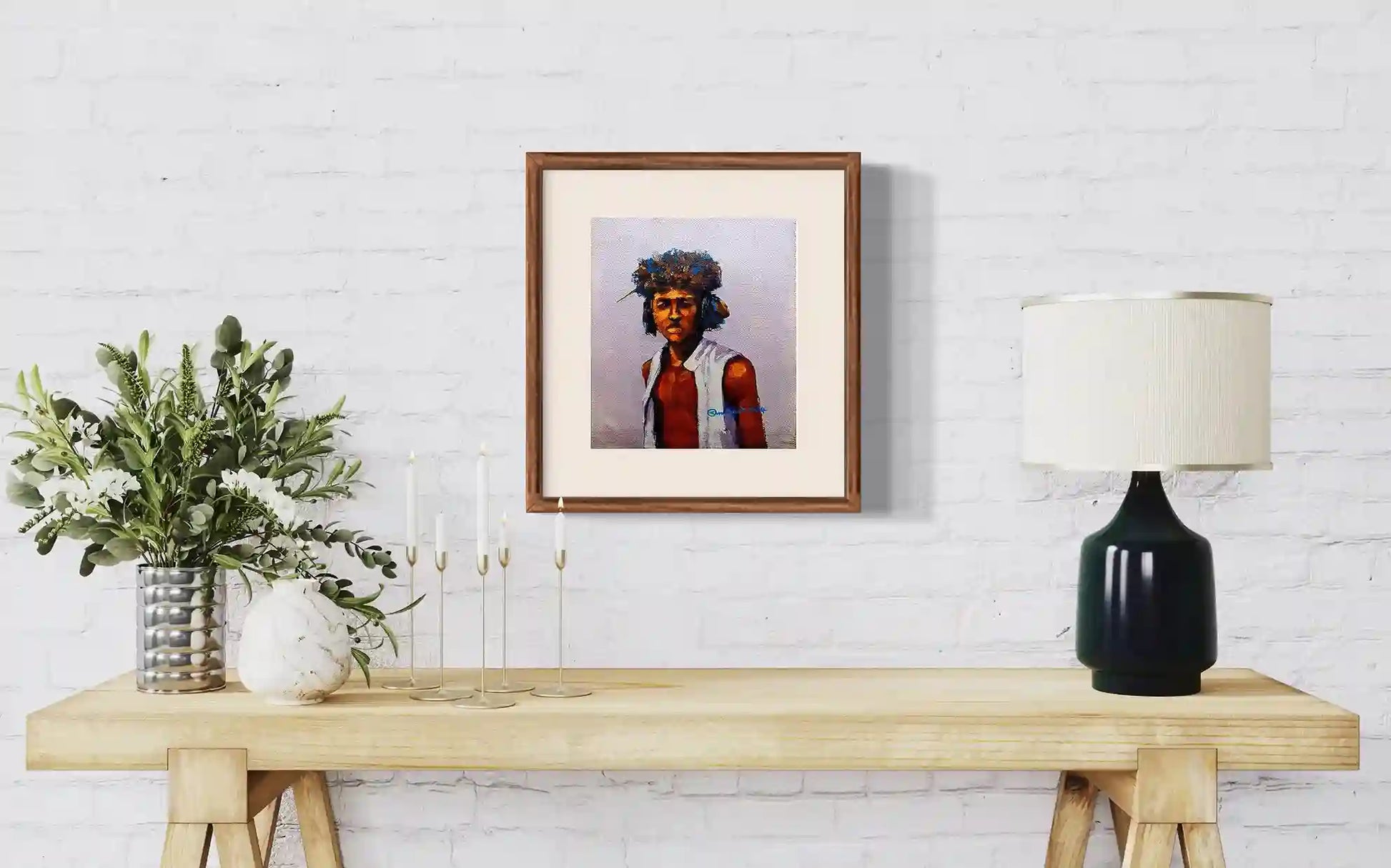 Beja 1 portrait by Osman Adam displayed in wooden frame on wooden bench with plants and lamp home decor mockup