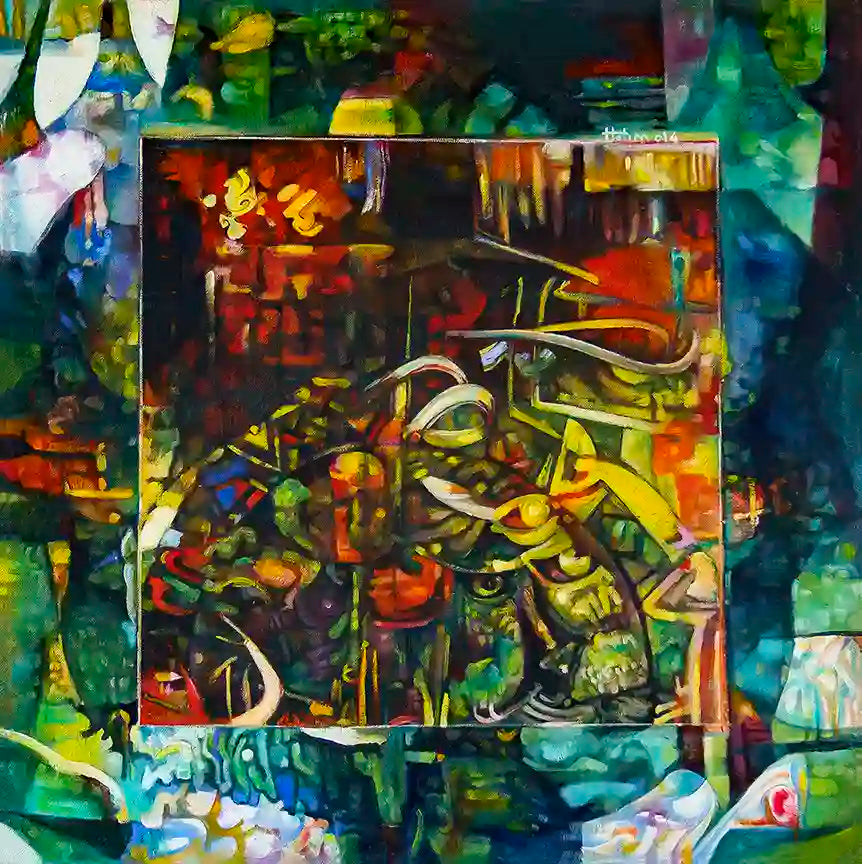 Big Brother abstract art print by Hatim Kuku featuring colorful geometric surveillance theme with fragmented eye motifs