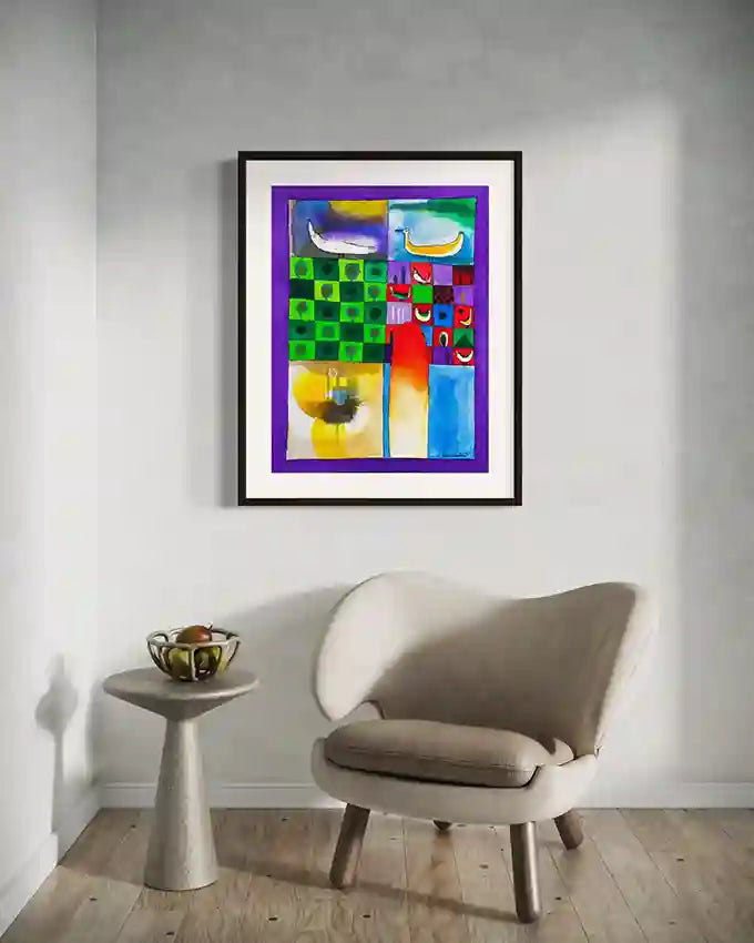 Abstract art print 'Birds and Pattern' by Abushariaa Ahmed in black frame on white wall - modern home decor with chair