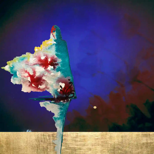 Bloom digital collage art print showing Sudanese woman in traditional dress with floral burst on cosmic blue backdrop