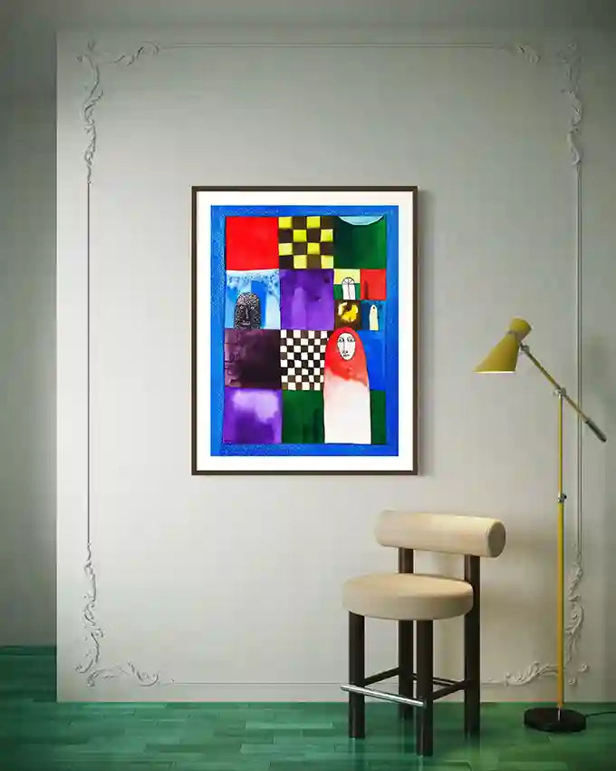 'Blue Hour' art print by Abushariaa Ahmed in modern interior with cream chair, yellow lamp and ornate wall molding