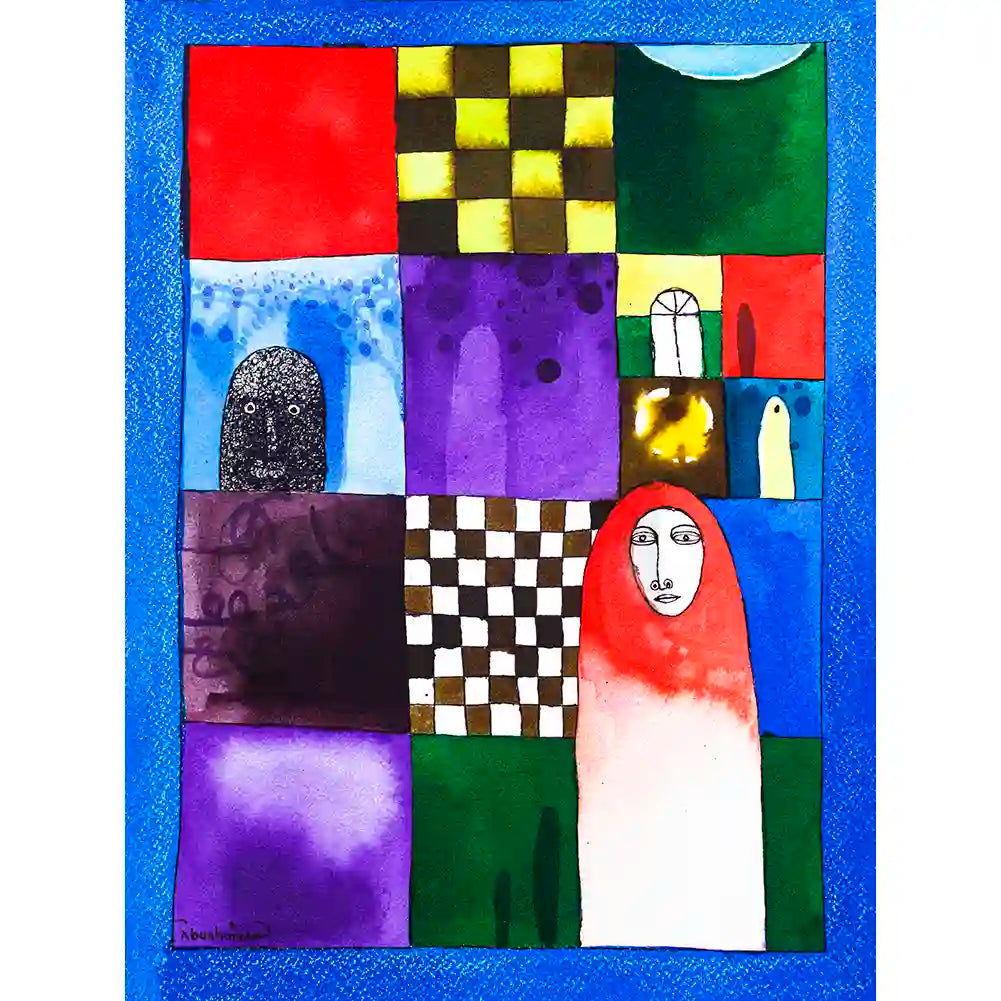 Blue Hour art print by Abushariaa Ahmed featuring colorful geometric squares with veiled figure in vibrant blue frame