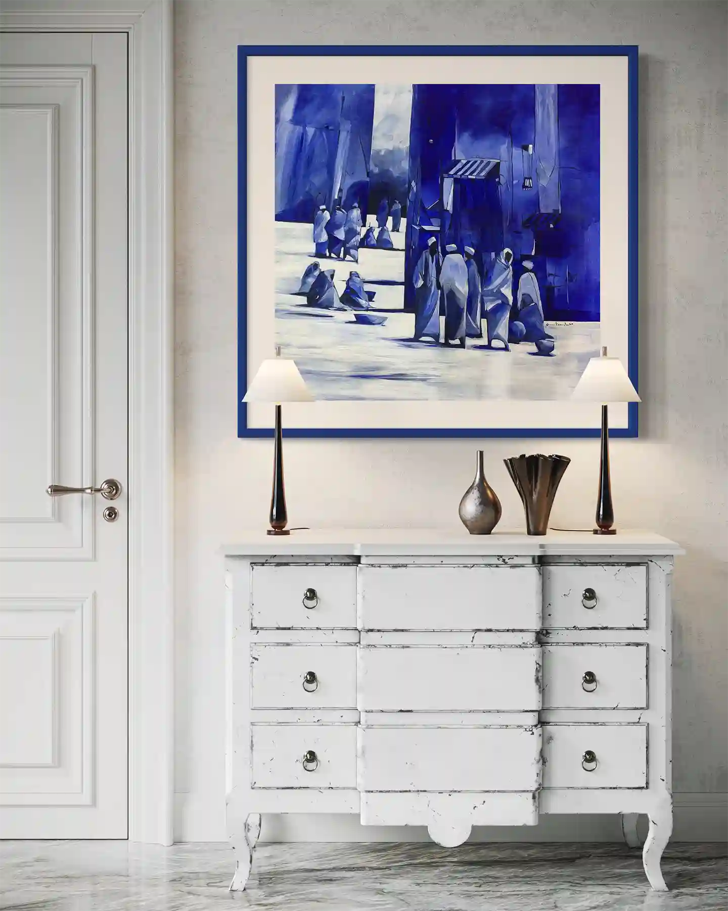 Blueprint for a Memory art print by Omer Kamal displayed in blue frame above white vintage dresser in elegant interior