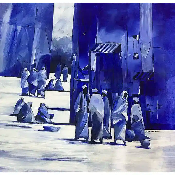 'Blueprint for a Memory' art print by Omer Kamal - blue acrylic ink painting of Sudanese street scene with robed figures