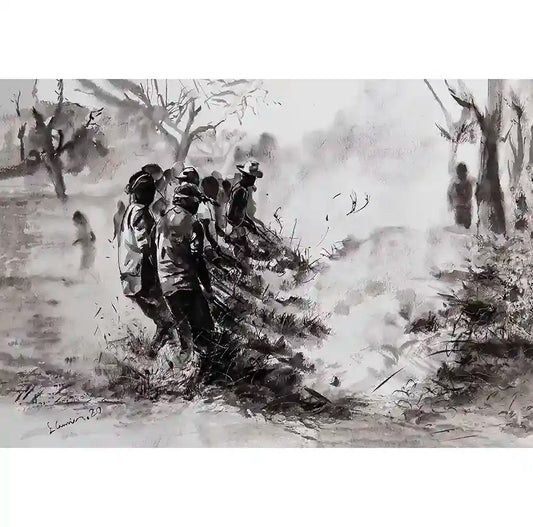 Breaking Ground ink wash art print by Elamin Awad showing farmers plowing and tilling soil in dramatic black and white scene