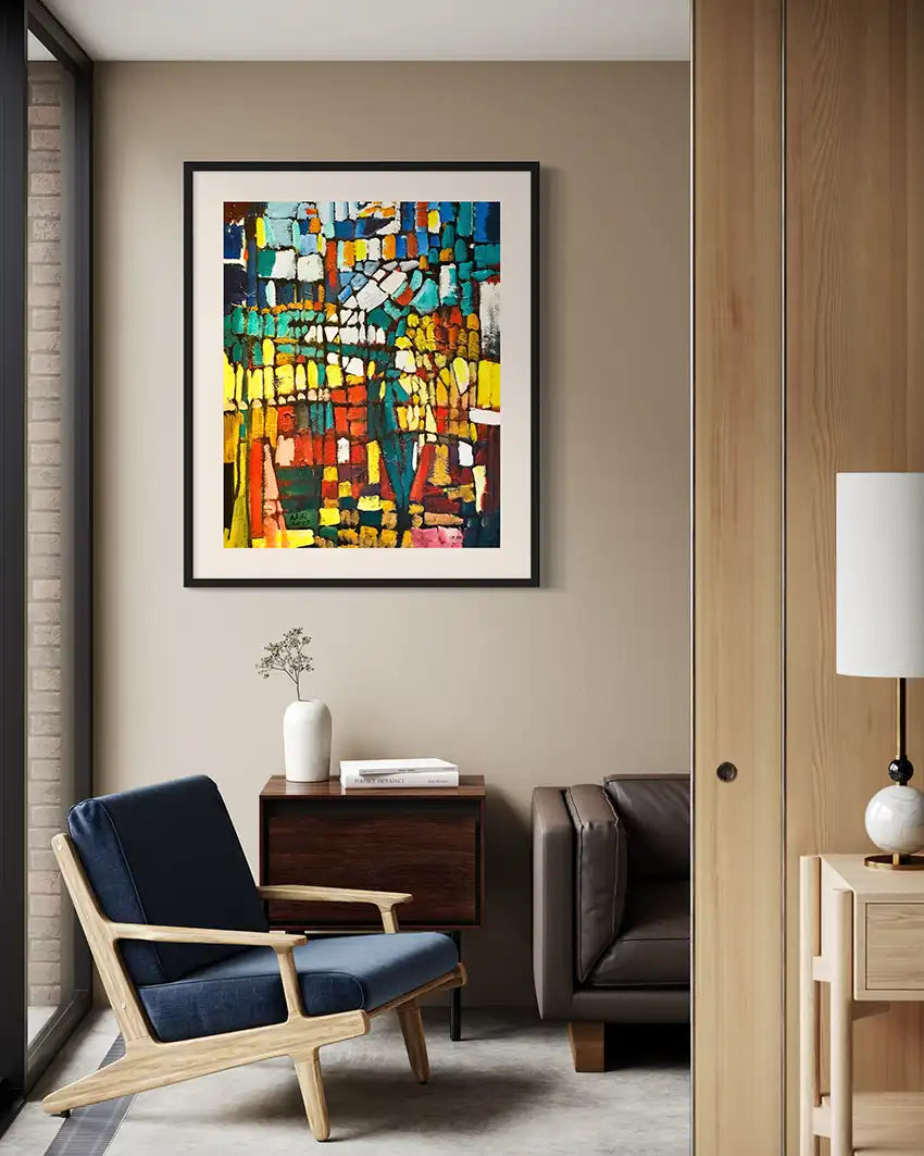 'Broken Light' art print by Abdelmageed Afifi displayed in black frame above modern wooden sideboard in contemporary living room