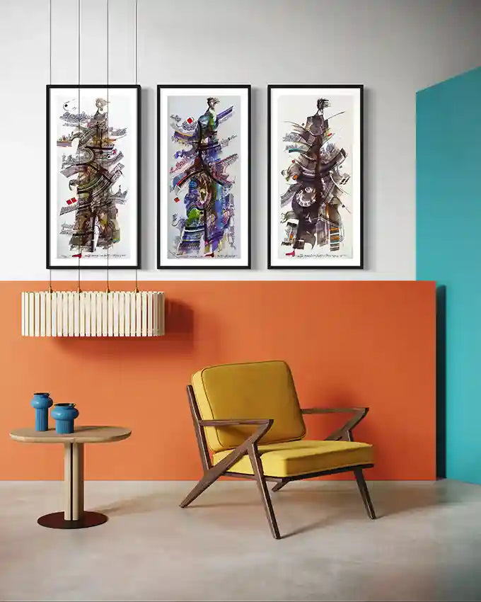 Three Calligrapher's Muse prints by Waleed Warag displayed as triptych in modern living room with orange wall and yellow chair