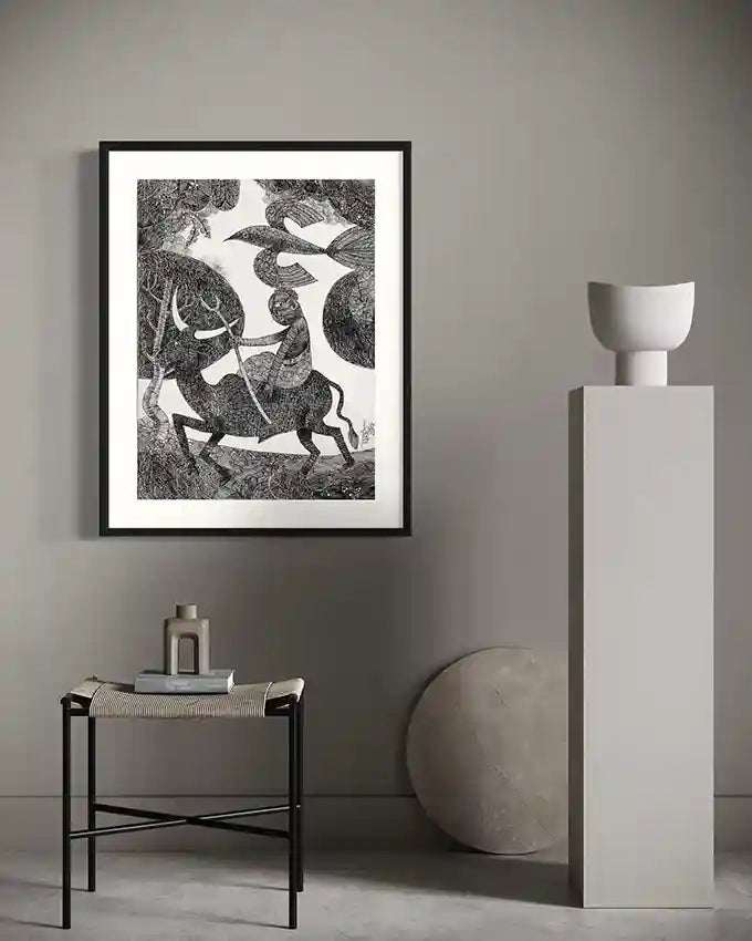 "Carved In Ink" art print by Tariq Nasre displayed in minimalist interior with modern furniture and neutral gray tones
