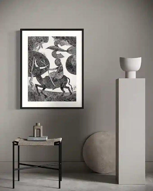 "Carved In Ink" art print by Tariq Nasre displayed in minimalist interior with modern furniture and neutral gray tones
