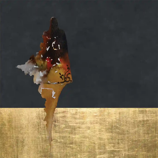 
Celebration of Self digital collage art print showing Sudanese woman in traditional dress with colorful burst on gold backdrop