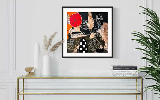 Chemicals In My Blood by Usra Hamza framed art on wall above console table with minimalist decor and plant accents
