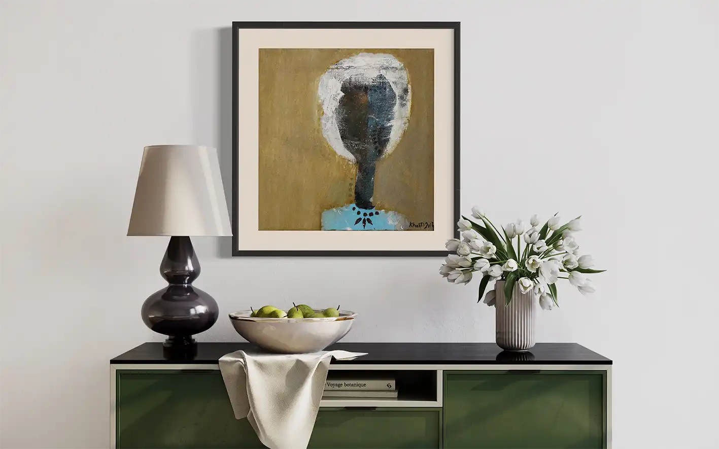 Citizen Unknown by Khalid Yan framed art print displayed above green sideboard with lamp and flowers in modern room setting